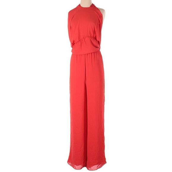 KRISA Retro 70s Wide Leg Strapless Tie Front Chiffon Jumpsuit- Vermilion Size XS - Picture 4 of 6